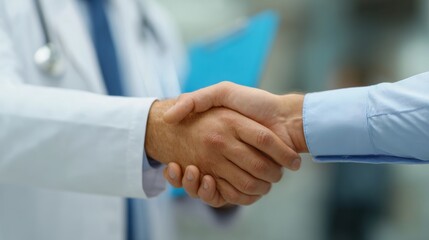 Handshake of Healing: A close-up shot captures a moment of trust and support as a doctor extends a handshake to a patient, symbolizing medical care and collaboration