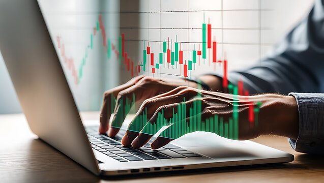 Person typing on laptop with stock market graph overlay hands - Powered by Adobe