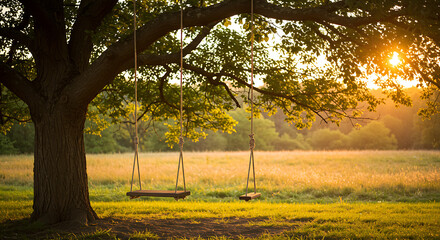 Wooden Swings Hanging from a Large Tree Branch.