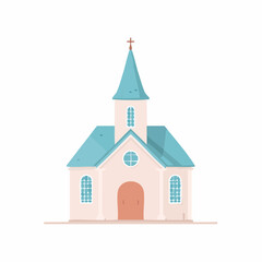 Cartoon church with a blue roof, cross on top, and arched windows