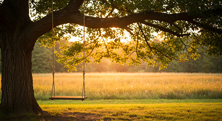 Wooden Swing Hanging from a Tree Branch.
