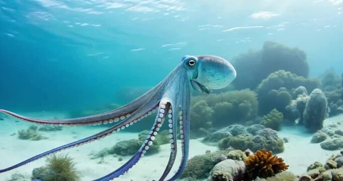 underwater view with octopus on coral reef