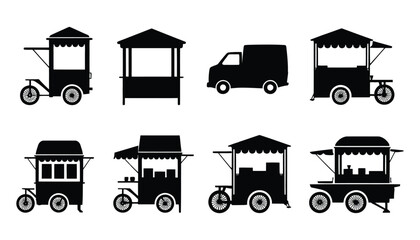 Vector art of silhouette illustration of various street food carts and a delivery truck, isolated on white background