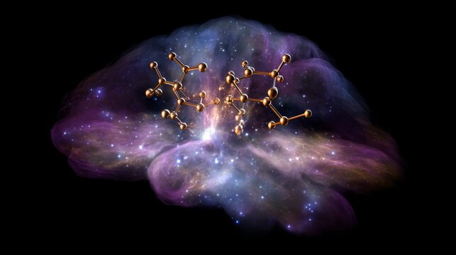 A golden molecular structure of spermidine floating above a brain-shaped nebula, glowing with energy.
