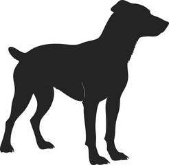 A silhouette of a dog, possibly a pointer or hound, standing alertly on a light background.