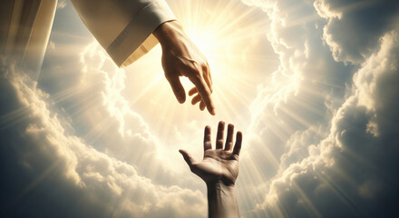 Close-up of Jesus' hand reaching out from the sky, saving the hand of a man, against a background of bright light and clouds. The miracle of saving the life of Jesus Christ, the Son of God, salvation