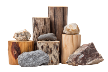 Natural wood and stones arrangement studio still life neutral. Isolated on transparent background, png.
