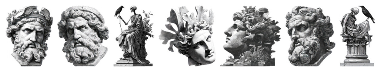 Naklejka premium PNG Classical sculpture heads collection, element set on transparent background