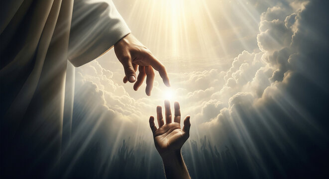 Close-up of Jesus' hand reaching out from the sky, saving the hand of a man, against a background of bright light and clouds. The miracle of saving the life of Jesus Christ, the Son of God, salvation 