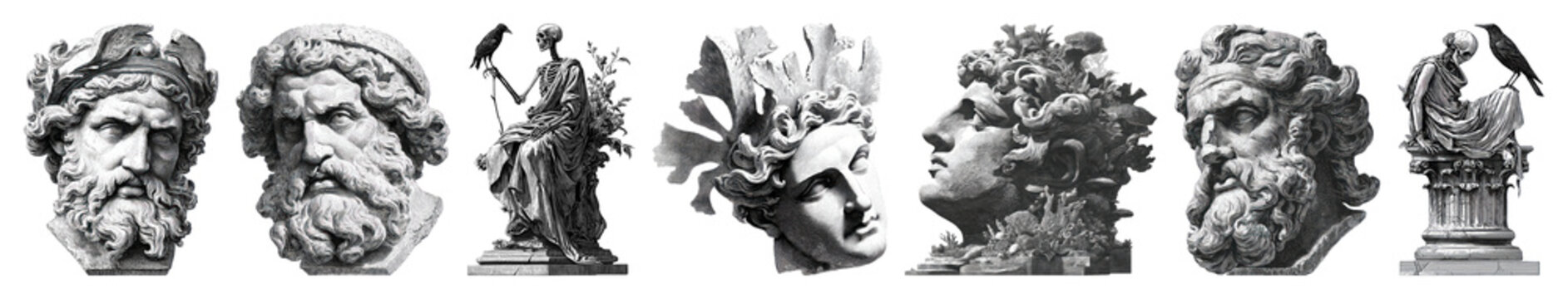 PNG Classical sculpture heads collection, element set on transparent background