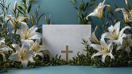 A First Communion gift card with a cross and white lilies