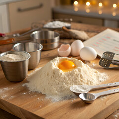 adding egg to a pile of flour baking test preparation