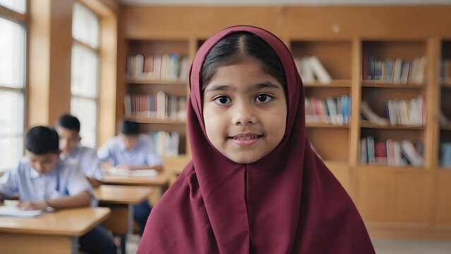 Smiling Muslim schoolgirl in maroon hijab posing in library classroom, with students studying in background — education, diversity and childhood portrait