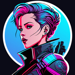 A stylized cyberpunk portrait of a woman with vibrant pink and blue hair, detailed with futuristic elements and set against a blue circle.