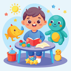 Fototapeta premium Happy cartoon kids playing with bath toys and smiling while taking a bubble bath