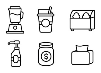 Fototapeta premium Milkshake Shop Icons. Outline icon set of milkshake shop items: counter blender, menu board, takeout cup, ice