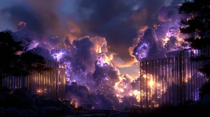 Enchanted Gates to a Celestial Realm Surrounded by Ethereal Clouds