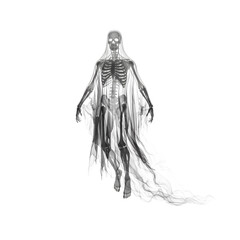 Monochromatic 3 D Render of a Ghostly Skeleton Figure with Flowing Drapery isolated on a transparent background png, cut out, clipping path, social media, Advertisement, high quality, HD photo, close.