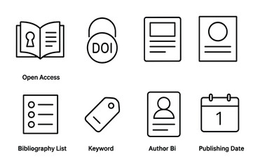 Scientific Icons Line Art. Outline icon set of scientific publications: open access, DOI icon, article layout,