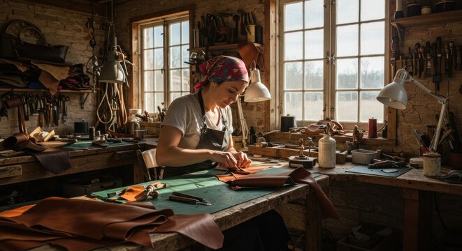 Woman working with leather in a workshop
