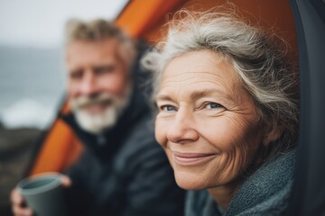 Older couple with warm smiles inside all-weather emergency tent on rocky coastline