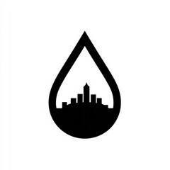Urban Skyline Silhouette Within a Stylized Water Drop Design