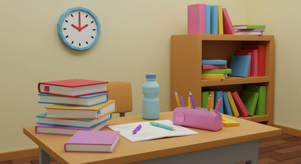 Cartoon Study Desk with Books Clock and Pencil Case Back to School Illustration for Education Learning and Homework Concepts