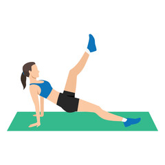 Woman performs a pilates inspired leg lift on a mat.