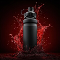 Dynamic Splash of Water Surrounding a Black Sports Bottle