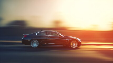 Obraz premium A sleek sports car in motion, showcasing speed and dynamic lighting on a simple road. 