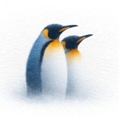 Fototapeta premium Two Adorable Penguins Standing Together in a Gentle Snowy Environment, Soft Watercolor Style