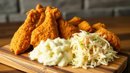 fried chicken drumsticks serving board mashed potatoes coleslaw comfort food side view golden brown dinner lunch
