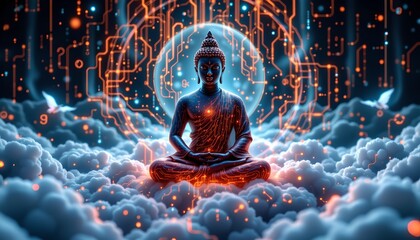 a digital buddha sitting in lotus pose on a cloud of floating code, glowing neural network patterns behind, cybernetic background with abstract tech symbols, no text no logo
