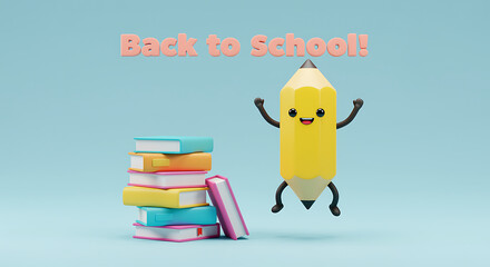Cheerful Back to School Concept with Cartoon Pencil and Colorful Books on a Light Blue Background Design