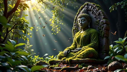 a moss covered ancient buddha statue in a deep jungle with beams of sunlight streaming through leaves, birds flying in the distance, spiritual harmony with nature, no text no logo