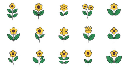 Set of 15 Flat Design Yellow Flowers Icons with Green Leaves &ndash; Vector Floral Illustrations for Spring and Summer Themes