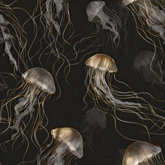 Ethereal Jellyfish Pattern with Golden Accents on Black Background