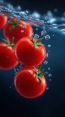 Fresh Red Tomatoes Splashed in Clear Water with Bubbles
