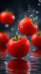 Fresh Red Tomatoes Splashing in Water with Bubbles and Reflections