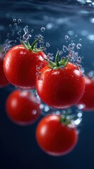 Fresh Red Tomatoes Splashing Underwater with Bubbles in Clear Water