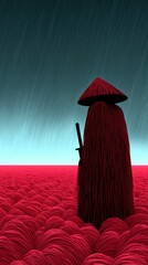 Mysterious Figure in a Vibrant Red Landscape Under Rainy Sky