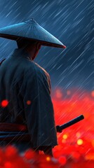 A Lone Warrior Stands Against the Storm in a Fiery Landscape