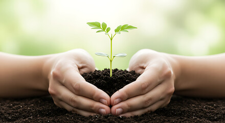 Young Plant in Soil Held by Hands Symbolizing Growth and Nurturing.