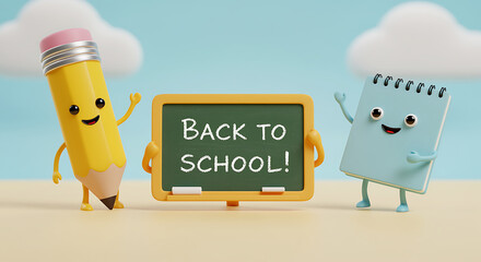 Cheerful Back to School Illustration with Cartoon Pencil Notebook and Chalkboard Welcoming Students Educational Concept