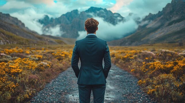 A man in a suit contemplates his journey through the serene natural landscape