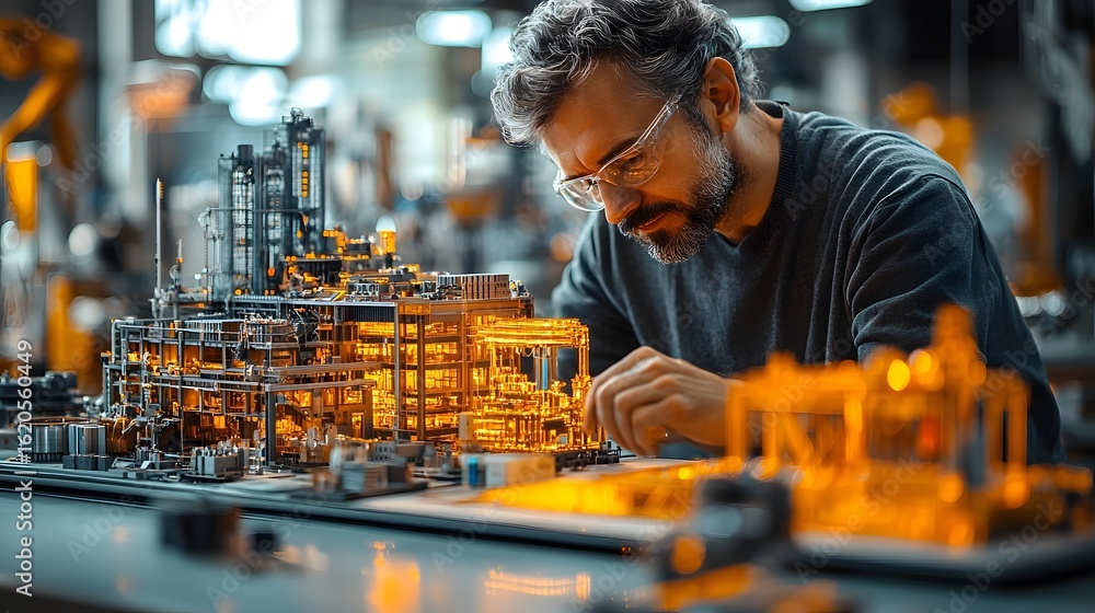 Aufkleber experienced engineer examining intricate industrial prototype in workshop