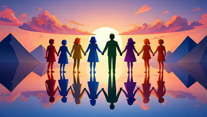 Diverse group holding hands at sunset with mountain reflections