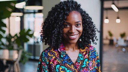 Smiling woman with curly hair in colorful attire interacts positively in a modern workspace