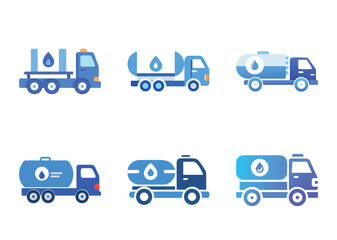6 set icon Collection of Six Stylized Water Truck Icons on White Background