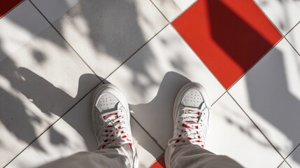 Stylish White Sneakers on a Vibrant Red and White Floor